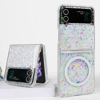 מגנטי טלפון Case For Samsung Galaxy Z Flip 4 מקרה Z Flip 3 5G טעינה אלחוטית לכסות נצנצים שקופים קשה מגנט תיק