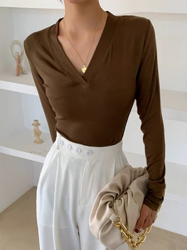 נשים אלגנטי חולצות אופנה V-אביב חדש שרוול ארוך העליון Slim Fit משרד ליידי המזג לכל היותר שפל חולצה 2023