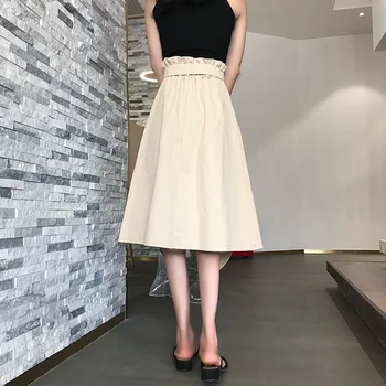 נשים גבוה מותן חצאית אמצע אורך הברך אורך אופנה כפתור הגירסה הקוריאנית קפלים הספר חצאית תחרה עד 2023, קיץ, סתיו
