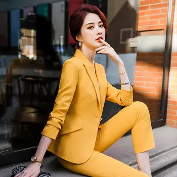 נשים המקצועי של המכנסיים להגדיר אביב סתיו חדש בלייזר מכנסיים כתפיות שלושה חלקים קוריאני אופנה חליפות בגדים.