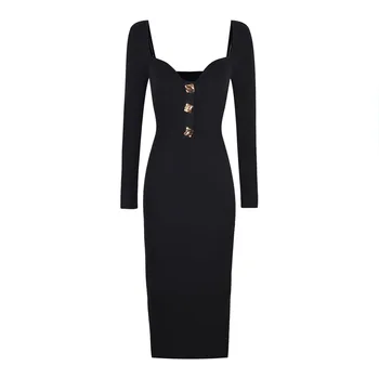 נשים לבן שחור שרוול ארוך כפתור סריגה Bodycon אמצע שוק השמלה משרד ליידי אופנה 2023 חדש ערב מסיבת תלבושת Vestido