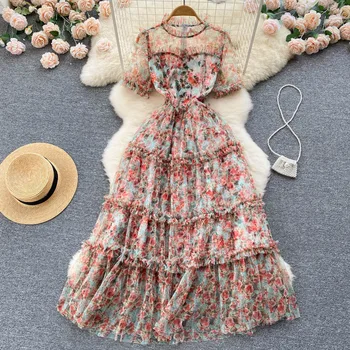 נשים מסלול האופנה לאביב קיץ שרוול קצר הדפס רשת שמלה נשית גבוהה המותניים שיק מסיבה קו-שמלה TB055