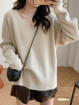נשים סוודר קליל V-צוואר Knitwears נשים סוודר אופנה קוריאנית Pullovers חופשי מוצק צבע חורף חולצות לנשים 2023