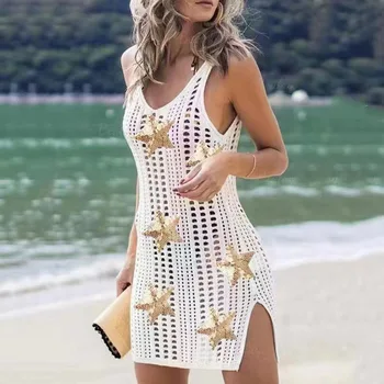 נשים סקסיות בביקיני כיסוי עליות סריגים חלול העליון חצאית קצרה הגנה מפני השמש חצאית V-צוואר בגדי נשים החוף של Vestidos