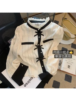 סגנון קוריאני ניגודיות צבע טלאים נשים Loose חולצת הקשת קישוט נשי שרוול ארוך חולצות Harajuku וינטג ' 2023 אביב