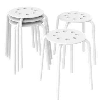 סט של 5 פלסטיק מחסנית שרפרפים עגולים כסאות בר עם 8 חורים לבנים.