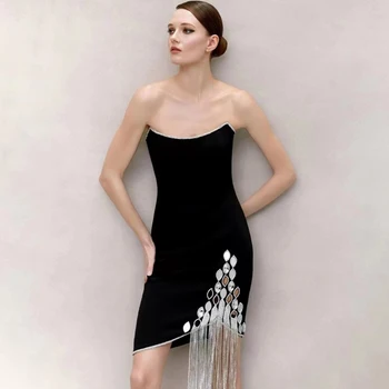 סטרפלס שחור סאטן שמלת Bodycon קריסטלים חרוזים ציציות מיני אורך השמלה אלגנטי לאישה בגדים 2023 עיצוב חדש