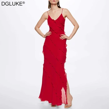 ספגטי רצועה ללא משענת מקסי קפלים שמלה אלגנטית ארוכה רשמית אירוע שמלות אדום שחור שיפון שמלת החוף בקיץ נשים 2023