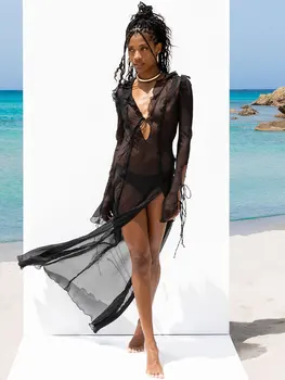 סקסית צוואר V שחור פרספקטיבה לפרוע שרוך שמלת הקיץ נשים 2023 אלגנטי צד פיצול המפלגה שמלות מקסי Vestido חדש