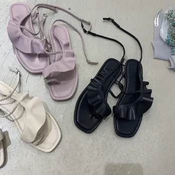 פיה נשים קפלים סנדלים נעלי קיץ חוף נעלי אישה אבזם רצועה sandales שטוח לארוג צר sandalias mujer 2021