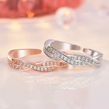 פשוט רוז זהב המעבר שזורים טוויסט מלא יהלומים שתי הטבעת על נשים זירקון מתנה ליום האהבה מסיבה תכשיטים