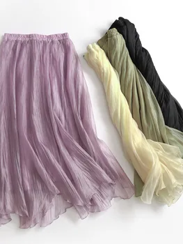 צבע מוצק אלסטי גבוהה המותניים אופנה קו החצאית בסגנון קוריאני עיצוב מזדמן אלגנטי Harajuku טמפרמנט חצאית קיץ