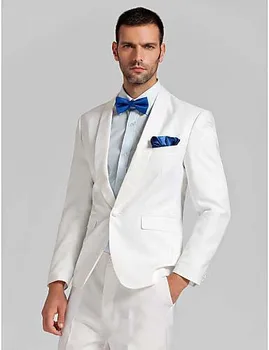 צעיף צווארון לבן כפתור אחד חליפות גברים Custome Homme אופנה חליפות חתונה רשמית בלייזר (ז ' קט+מכנסיים+Bowtie+מטפחות)
