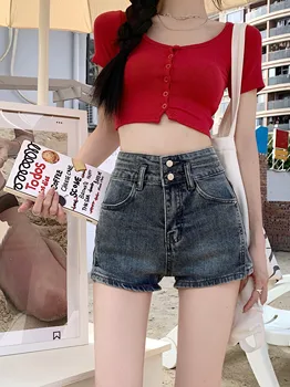 קוריאני גבוהה המותניים של נשים מכנסי ג ' ינס קצרים להראות רזה רחב הרגל המכנסיים 2023 חדש קיץ קליל משוחרר קו המכנסיים