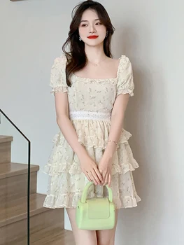 קיץ אופנה פרחונית משיפון שיק פרע שמלה קצרה נשים אלגנטי מזדמן להתלבש בשכבות 2023 קוריאני אופנה שמלות מסיבת ריקודים.
