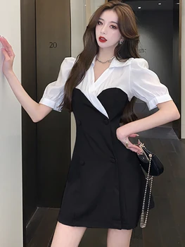 קיץ שחור טלאים מזויף שני חלקים שמלת מיני נשים אלגנטי משרד ליידי 2023 שמלה קוריאנית וינטג ' שיק Bodycon מסיבת Vestidos