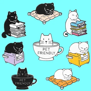 קריאייטיב אנימה חתול מצויר הסיכה הספר שותה קפה מתכת אמייל תג חמוד אישיות כל-התאמה Pin תכשיטים אביזרים מתנה