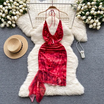 רטרו FlamePrint שרוולים אלגנטי שיפון שמלה מזדמן גבוהה המותניים חופשה על החוף שמלת הקולר נשים קיץ Vestidos