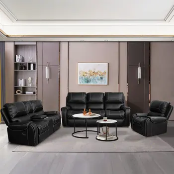 שחור דמוי עור שכיבה הספה הספה להגדיר 1+2+3 עבור הסלון קל להרכבה מקורה הרהיטים בסלון