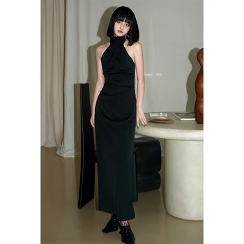 שמלה בצבע אחיד רקום קפול Slim-Fit ארוך מחוך שחור לבן ללא משענת גבוהה המותניים קט הנסיעה בסגנון מקורי