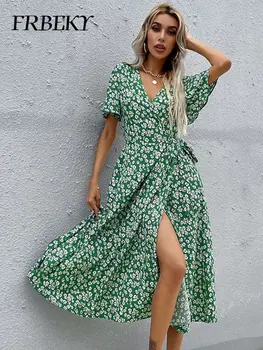 שמלות עבור נשים 2023 קיץ אופנה חדשה ירוק סלים הדפסה שמלה Lline תחרה אלגנטי שמלות ערב לנשים Beachwear