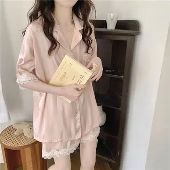 תחרה נשים פיג ' מה מגדיר מוצק קוריאנית הלבשת לילה Pijama כיס Loungewear תחתונים שני חלקים קצרים סטים בלילה ללבוש בגדים 2023