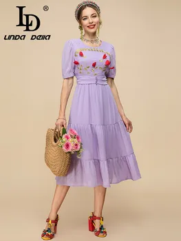 תעודת זהות לינדה דלה מעצב אופנה שמלת הקיץ של נשים שרוול קצר עטוף פרחים אפליקציה רקמה סגול בציר Midi שמלה