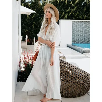 2023 Bazaleas חנות Traf השמלה אלסטי המותניים בוהו חלוק לבן תחרה תיקון בוהמי מקסי בנות ארוך שמלות רשמי