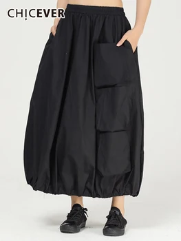 CHICEVER ספארי סגנון החצאית הארוכה הנשי גבוהה המותניים טלאים כיסים מנופחים קו חצאיות לנשים האביב 2023 בגדים חדשים.
