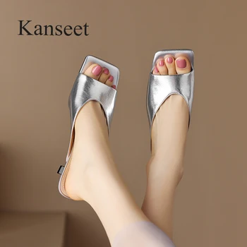 Kanseet כסף נעל אופנה פתוחות 2023 קיץ עור אמיתי נעלי נשים מחוץ בעבודת יד עקבים גבוהים נשית נעלי בית חדש