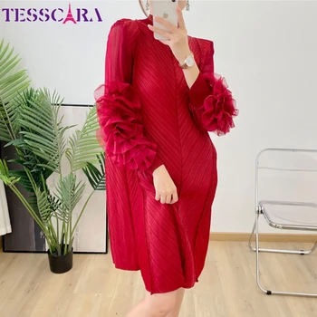 TESSCARA נשים חדש אלגנטי אפליקציות שמלה באיכות גבוהה קפלים מסיבת קוקטייל החלוק בציר מעצב אירוע רשמי הלבוש