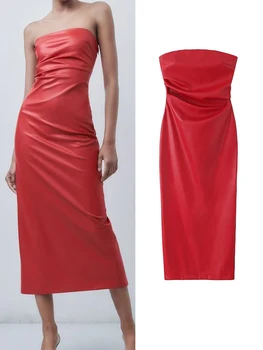TRAF נשים חדשות עור עם קפלים נדן השמלה 2023 סתיו משרד גבירותיי מוצק סקסי & מועדון Slim Fit סטרפלס אמצע שוק השמלה