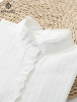 חדש בסתיו כותנה לבן, חולצות נשים תחרה לכל היותר ילדה אחת עם חזה Ruched צווארון מזדמן אלגנטי מתוק חולצות האביב T39128QM