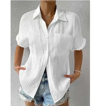 חולצה לבנה של נשים קיץ מוצק צבע רופף שרוול קצר מכותנה חיקוי פשתן כפתור חולצה רופף צמרות וחולצות Blusas