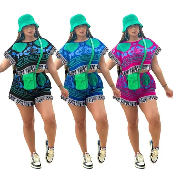יבול העליון הדפסה ציציות 2 קטע קצר בחליפות מכנסיים סטים נשים תלבושות Y2K אופנת רחוב חולצות בגדי קיץ אלגנטי שתי חתיכת קבוצה