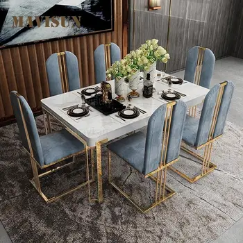 מלבני שולחן המטבח מערה טבעית אבן שולחן האוכל והכיסאות שילוב 4-6 אנשים נירוסטה הביתה רהיטים להגדיר