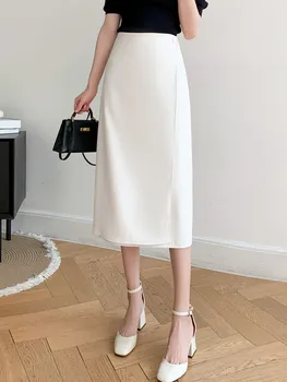 משרד ליידי אלגנטית קו החצאית דייר חדש האביב קוריאני סגנון מוצק צבע הבסיס HighWaist נשים הברך אורך חצאיות ארוכות