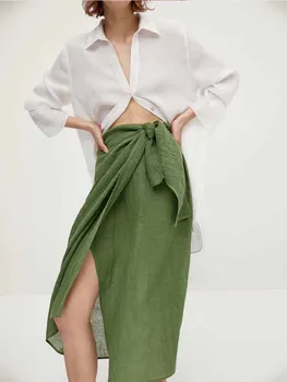 נשים 2023 אופנה חדשה קשר קישוט פיצול עיצוב כותנה פשתן Midi חצאית גבוהה המותניים כפתור-אפ הנשי חצאיות Mujer