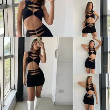 נשים חצאיות סטים 2023 הקיץ החדש סקסית כתף חלולה החוצה מחוץ המותניים אופנה מוצק וינטג ' שיק להראות טבור חצי היפ חצאית לעטוף