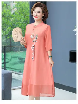 נשים קיץ שיפון שונה Cheongsam עם שרוולים קצרים וינטג ' רקומה שמלת ליידי פרחוני שמלת מסיבת Vestidos